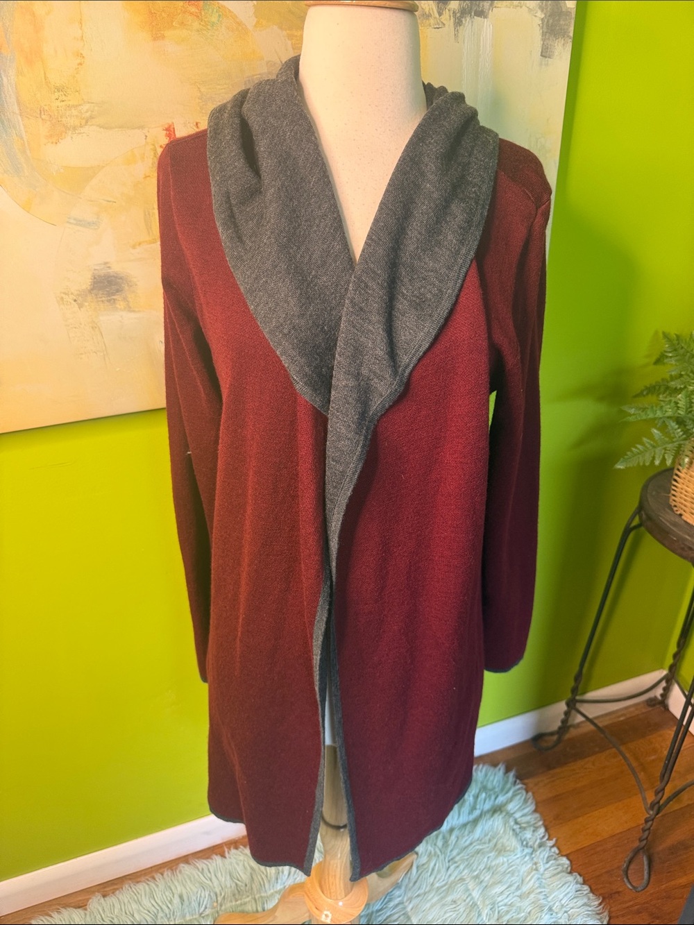 Open-Front Burgundy Cardigan with Gray Shawl Collar